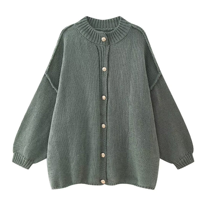 Fall Women Urban Casual Top Metal Button Cardigan Sweater-Green-Fancey Boutique