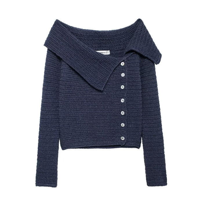 Women Clothing Autumn Irregular Asymmetric Collar Side Button Design Sweater-Navy Blue-Fancey Boutique