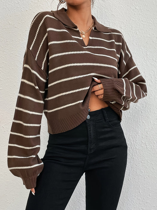 Winter Loose All Matching Striped Collared Knitted Pullover Sweater Casual Sweater Outerwear Top-Brown-Fancey Boutique