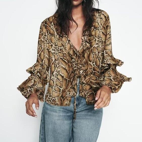 Women Clothing Manufacturers V Neck Leopard Print Women Shirt Ruffled Long Sleeve Loose Top-Fancey Boutique