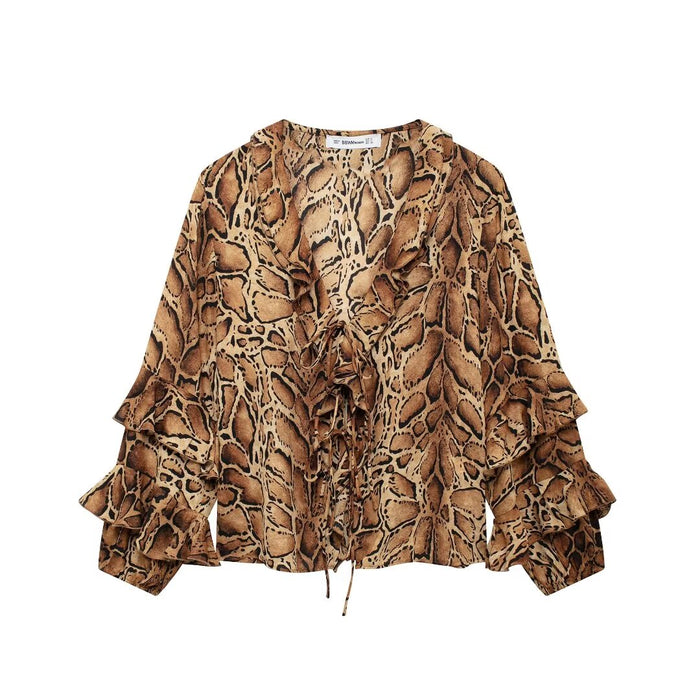 Women Clothing Manufacturers V Neck Leopard Print Women Shirt Ruffled Long Sleeve Loose Top-Fancey Boutique