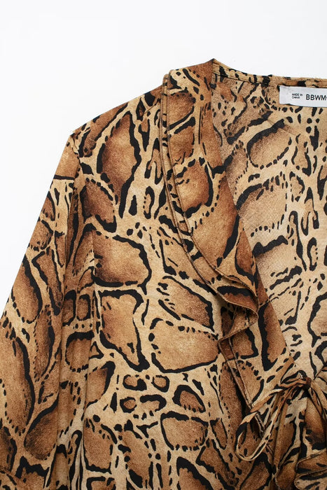 Women Clothing Manufacturers V Neck Leopard Print Women Shirt Ruffled Long Sleeve Loose Top-Fancey Boutique