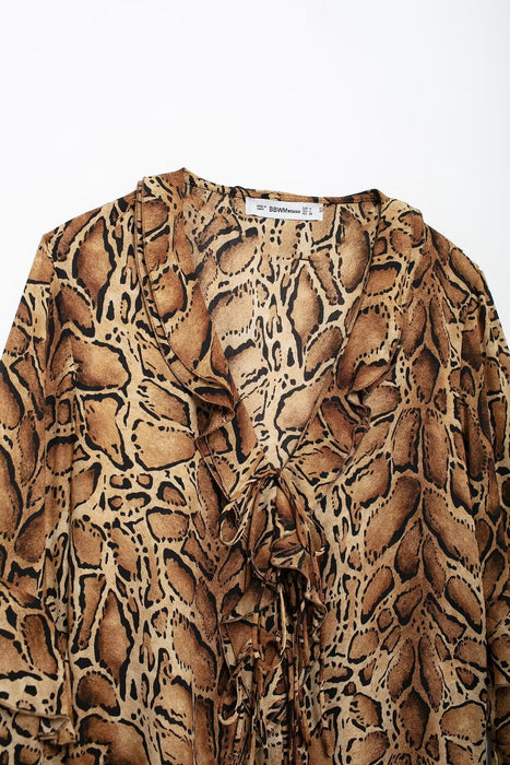 Women Clothing Manufacturers V Neck Leopard Print Women Shirt Ruffled Long Sleeve Loose Top-Fancey Boutique