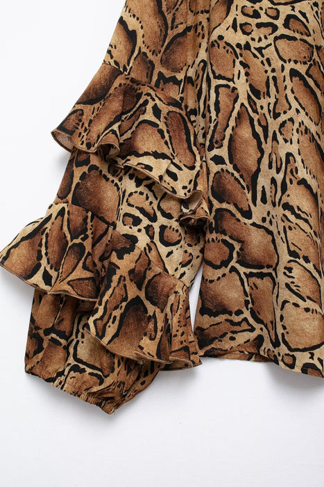 Women Clothing Manufacturers V Neck Leopard Print Women Shirt Ruffled Long Sleeve Loose Top-Fancey Boutique