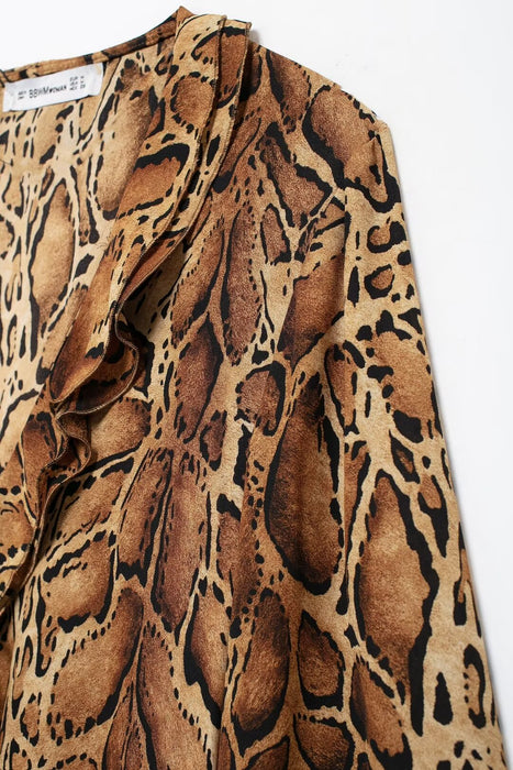 Women Clothing Manufacturers V Neck Leopard Print Women Shirt Ruffled Long Sleeve Loose Top-Fancey Boutique