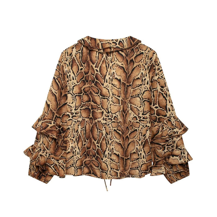 Women Clothing Manufacturers V Neck Leopard Print Women Shirt Ruffled Long Sleeve Loose Top-Fancey Boutique