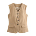 Fall Women Clothing Street V neck Single Breasted Cardigan Slim Fit Vest-Khaki-Fancey Boutique