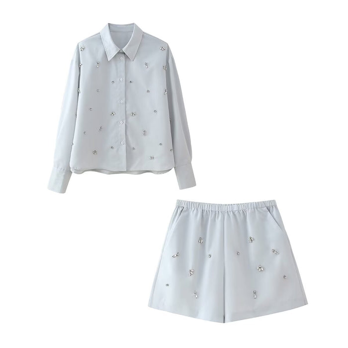 Autumn Arrival Women Artificial Jewelry Decoration Shirt Shorts Set-Fancey Boutique