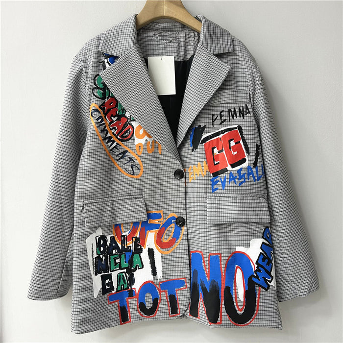 Autumn Niche Graffiti Design British Plaid Loose Women Jacket Hong Kong Blazers-Multi-Fancey Boutique