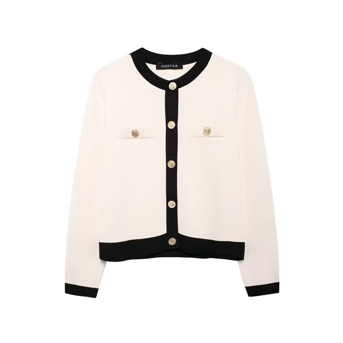 Women Clothing Autumn Casual All Match Golden Breasted Knitted Coat-White-Fancey Boutique