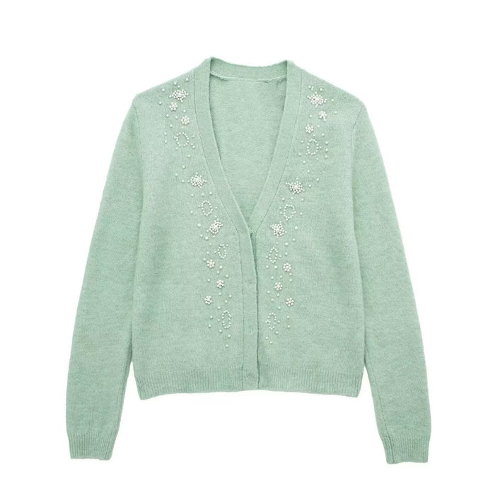 Sweet Decorated Pearls Knitted Cardigan Coat Artificial Pearl Knitted Short Vest Two Piece Sling Top Women-Green Knitted Cardigan-Fancey Boutique