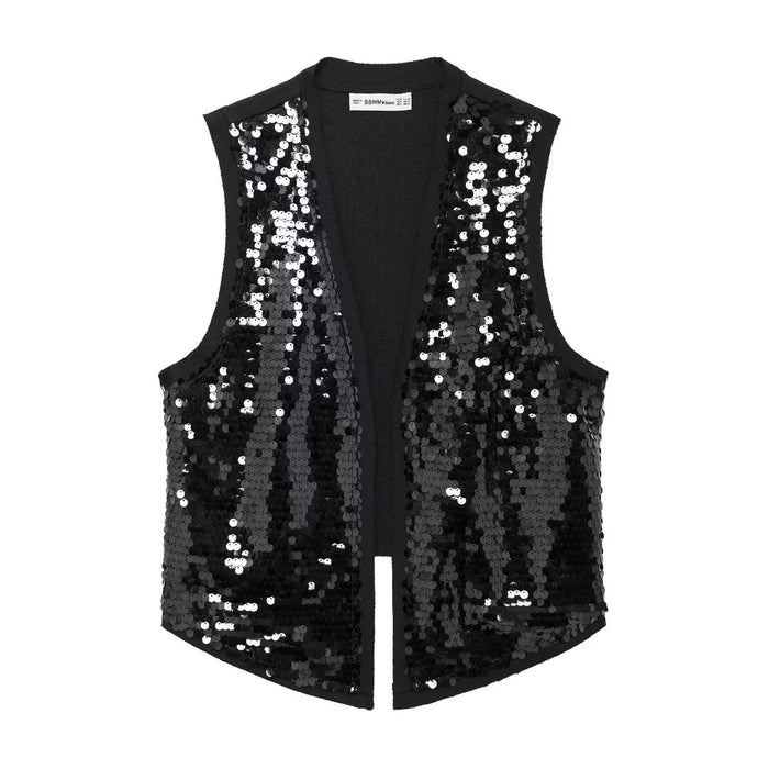 Women Asymmetric Hem Beads Decoration Vest Beads Decoration Short Dress-Black Vest-Fancey Boutique