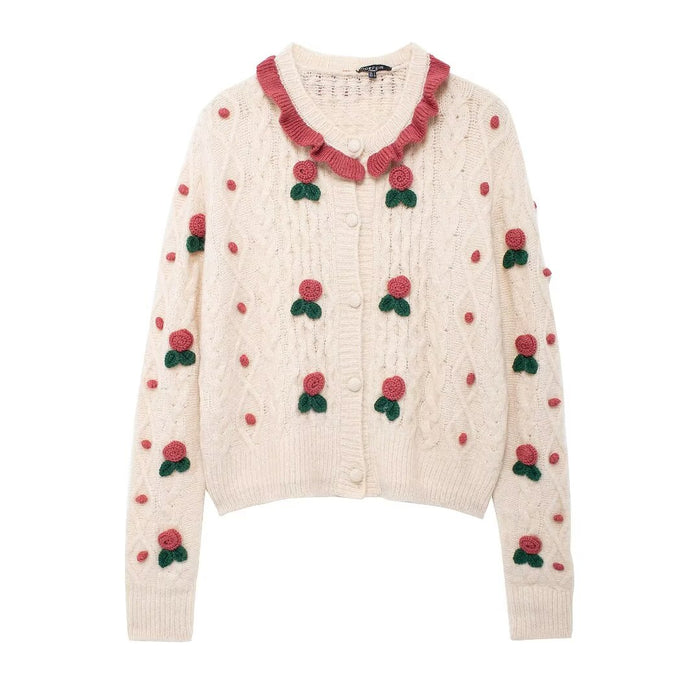 Women Clothing Autumn Winter Heavy Industry Ball Strawberry Embroidered Crew Neck Sweater-Fancey Boutique