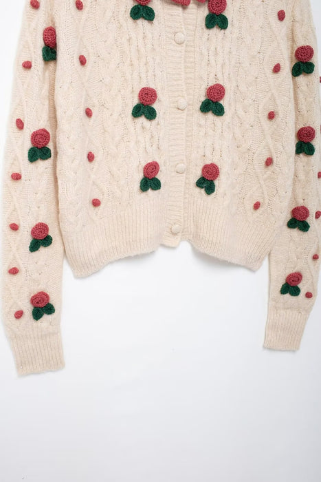 Women Clothing Autumn Winter Heavy Industry Ball Strawberry Embroidered Crew Neck Sweater-Fancey Boutique