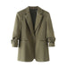 Women Clothing Polo Collar Cuff Ruched Blazer-Olive Green-Fancey Boutique