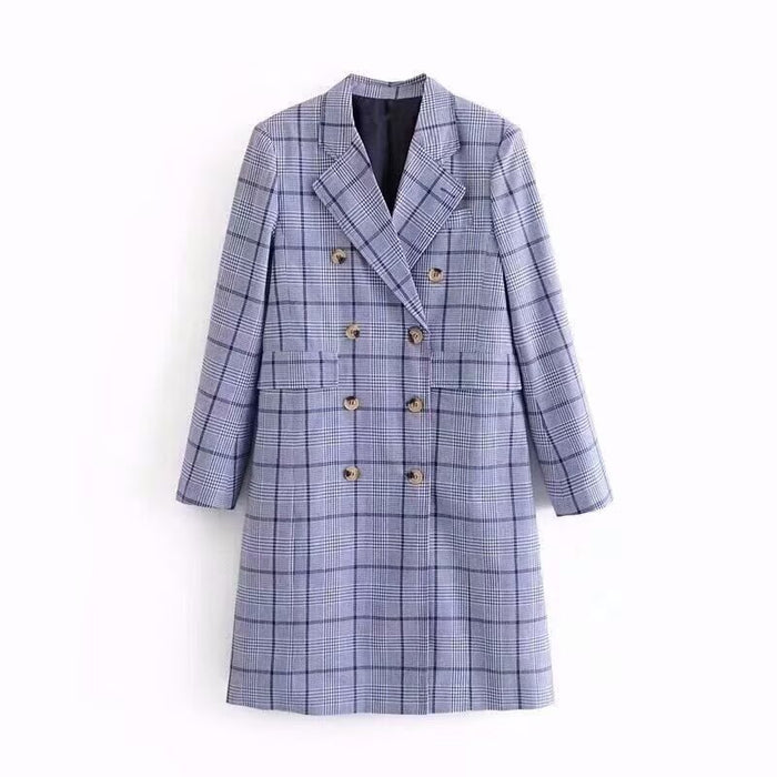 Women Blue Plaid Coat Collar Office Long Trench Coat-Fancey Boutique