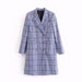 Women Blue Plaid Coat Collar Office Long Trench Coat-Fancey Boutique