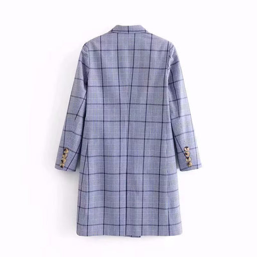 Women Blue Plaid Coat Collar Office Long Trench Coat-Fancey Boutique