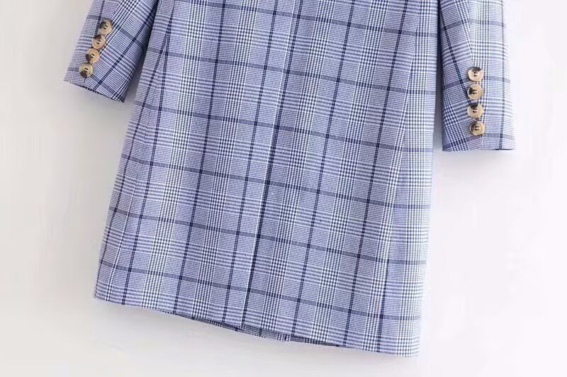 Women Blue Plaid Coat Collar Office Long Trench Coat-Fancey Boutique