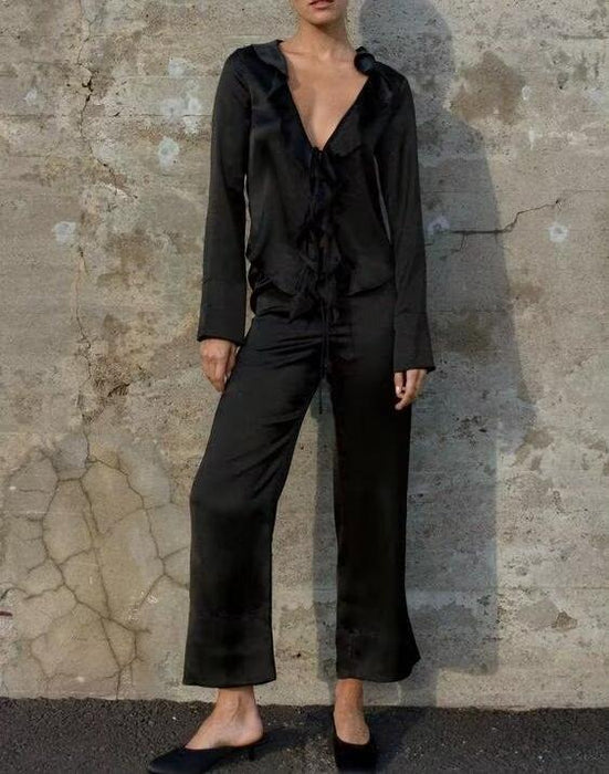 Autumn Women Clothing Double Breasted Vertical Blazer Straight Leg Pants Suit-Fancey Boutique