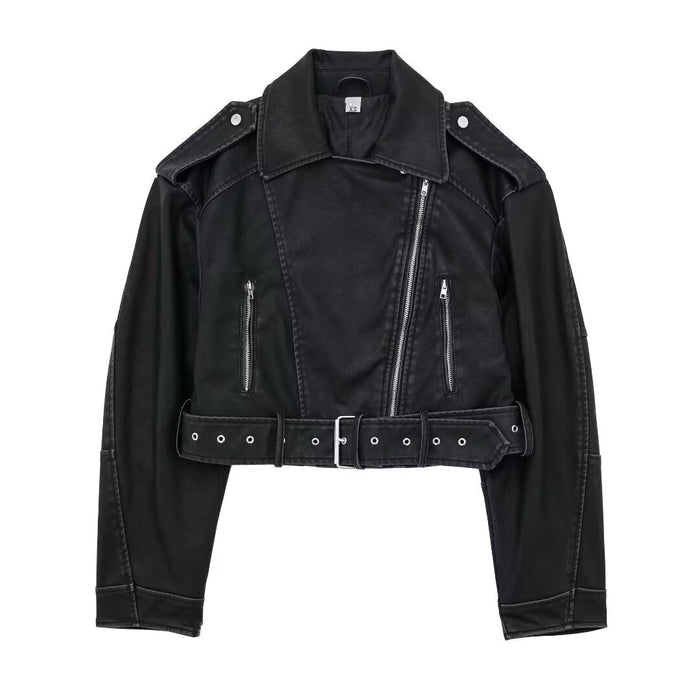 Spring Women Clothing Simple Short Collared Loose Poly Urethane Leather Jacket Coat-Black-Fancey Boutique