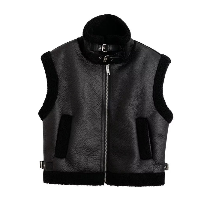 Personalized Loose Motorcycle Lamb Wool Vest Women Faux Shearling Jacket Thickening Vest All Match Waistcoat Outerwear-Black-Fancey Boutique