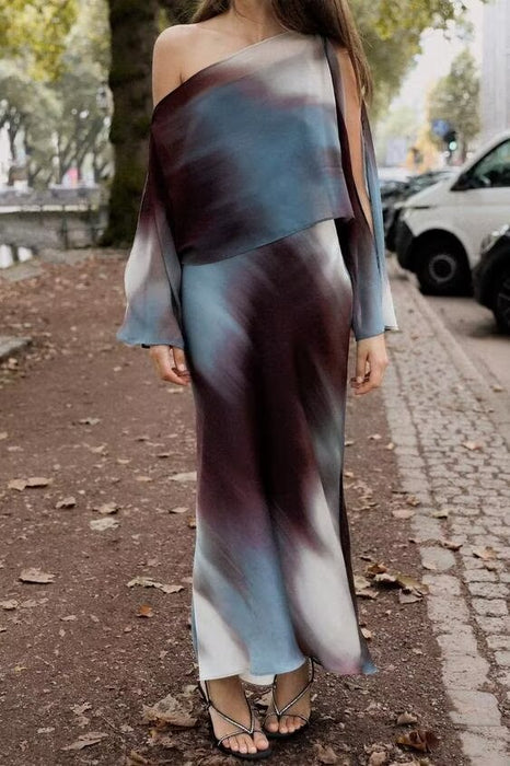 Women Clothing Autumn Socialite Laminated Decoration Printed Silk Satin Texture Maxi Dress