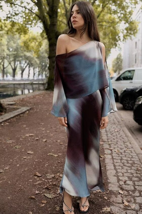 Women Clothing Autumn Socialite Laminated Decoration Printed Silk Satin Texture Maxi Dress