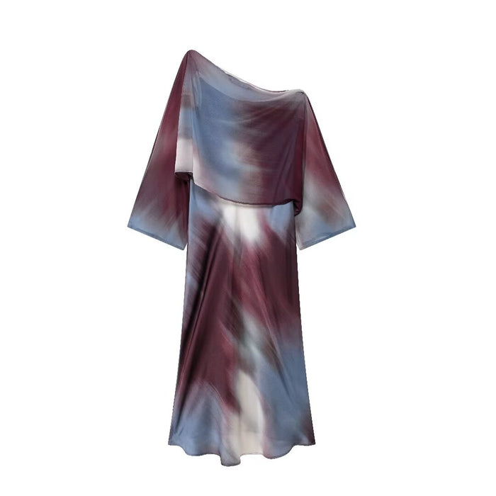 Women Clothing Autumn Socialite Laminated Decoration Printed Silk Satin Texture Maxi Dress