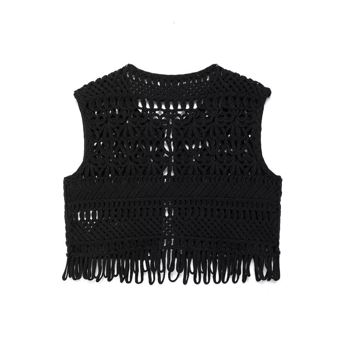 Women Clothing Autumn Black Hollowed Out Knitted Tassel Lace Short Vest Jacket-Fancey Boutique