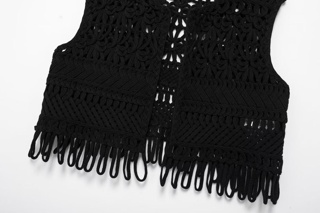 Women Clothing Autumn Black Hollowed Out Knitted Tassel Lace Short Vest Jacket-Fancey Boutique