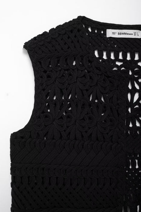 Women Clothing Autumn Black Hollowed Out Knitted Tassel Lace Short Vest Jacket-Fancey Boutique