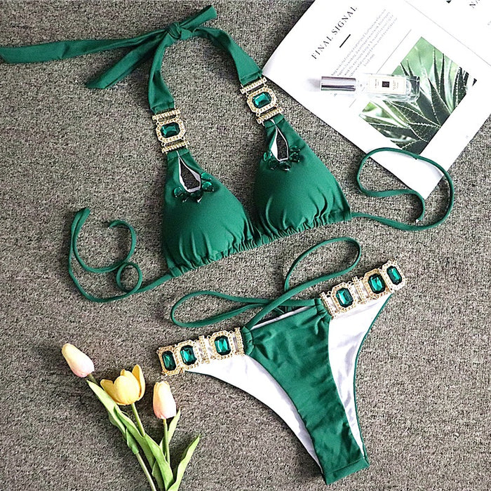 Color-Green-Bikini Sexy Crystal Diamond Bandage Solid Color Split Women Swimsuit-Fancey Boutique