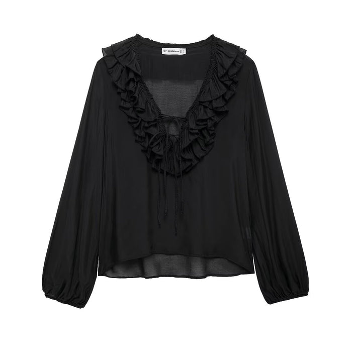 Autumn Women Graceful Fashionable Top Laminated Decoration Long Sleeve Shirt-Black-Fancey Boutique