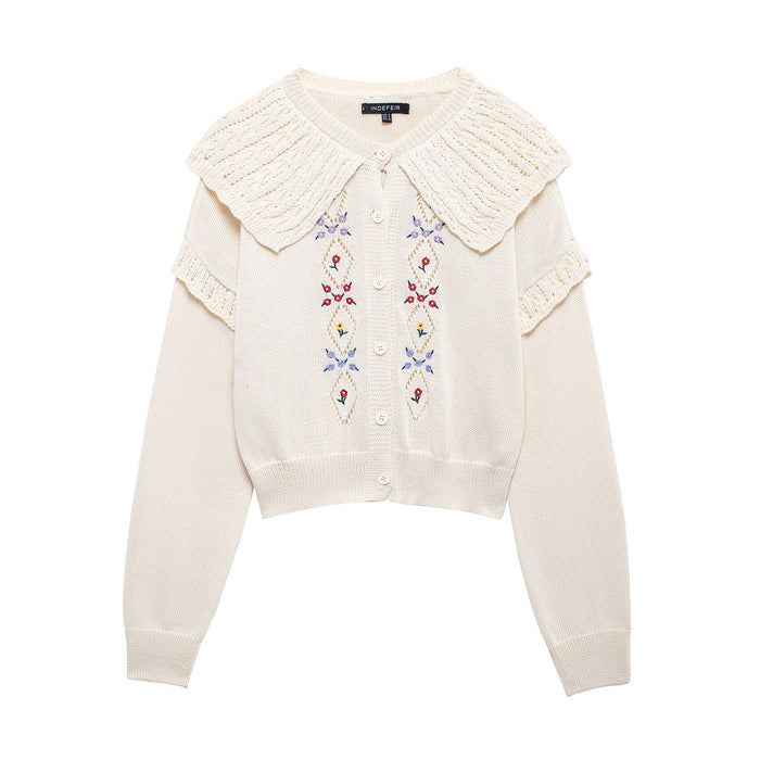 Fall Women Clothing Elegant Embroidery Knitted Sweater-Ivory-Fancey Boutique