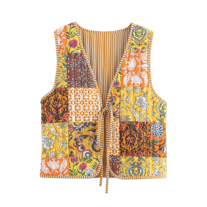 Multicolor Printing Lace Up Cotton Padded Vest Autumn Loose Casual Vest Top-Fancey Boutique