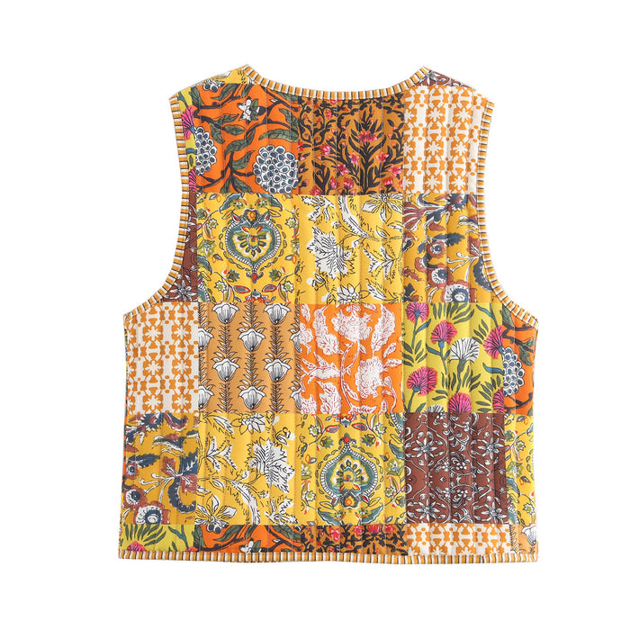 Multicolor Printing Lace Up Cotton Padded Vest Autumn Loose Casual Vest Top-Fancey Boutique