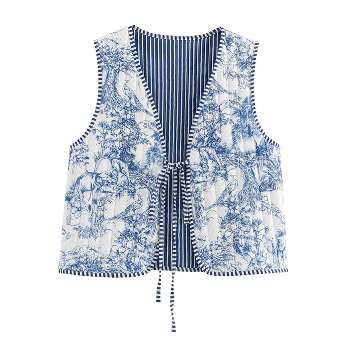 Multicolor Printing Lace Up Cotton Padded Vest Autumn Loose Casual Vest Top-Light Blue-Fancey Boutique