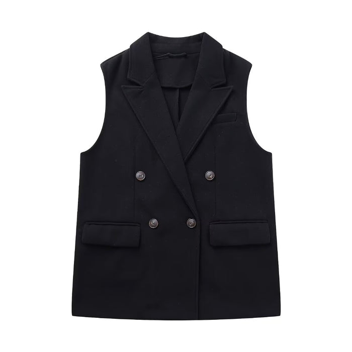 Fall Women Clothing Fashionable Temperamental All Match Waistcoat Double Breasted Suede Vest-Black-Fancey Boutique