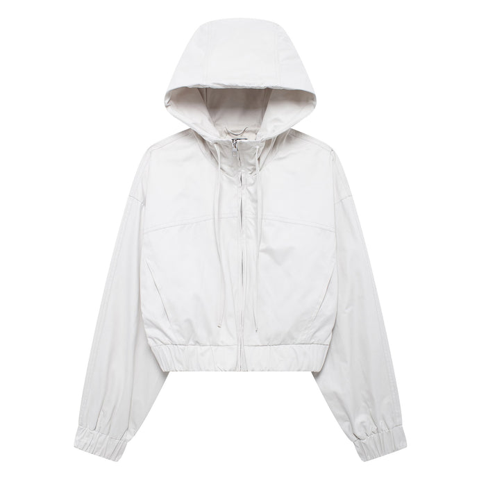 Women Solid Color Loose Hooded Short Jacket-White-Fancey Boutique