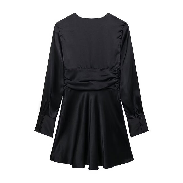 Deep V Plunge Neck Retro Textured Silk Satin Short Women Clothing Autumn Slim Long Sleeve Dress