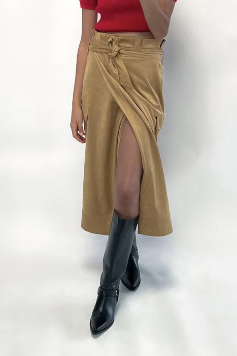 Fall Women Suede Texture Effect Paper Bag Midi Skirt-Fancey Boutique