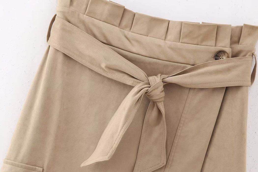 Fall Women Suede Texture Effect Paper Bag Midi Skirt-Fancey Boutique