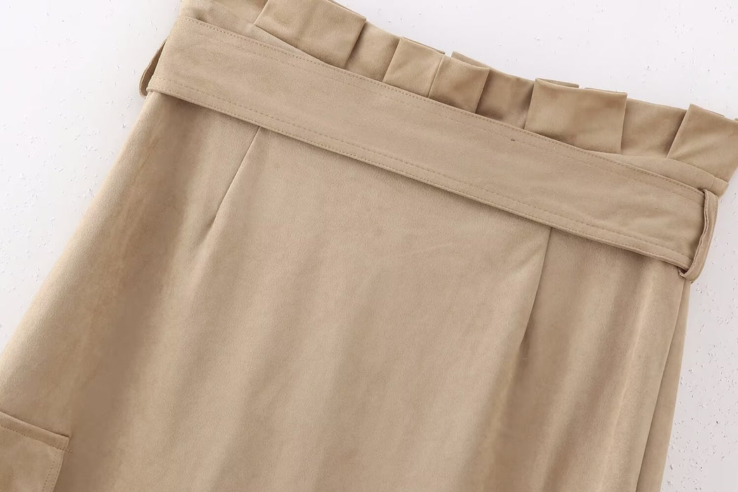 Fall Women Suede Texture Effect Paper Bag Midi Skirt-Fancey Boutique