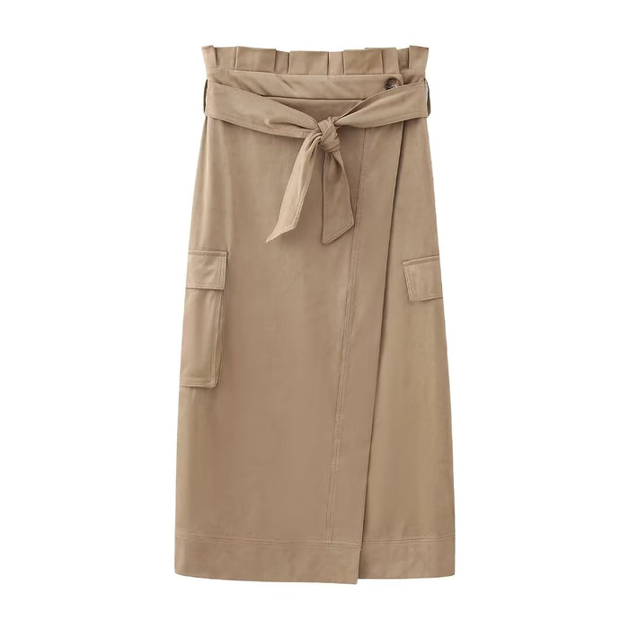 Fall Women Suede Texture Effect Paper Bag Midi Skirt-Khaki-Fancey Boutique