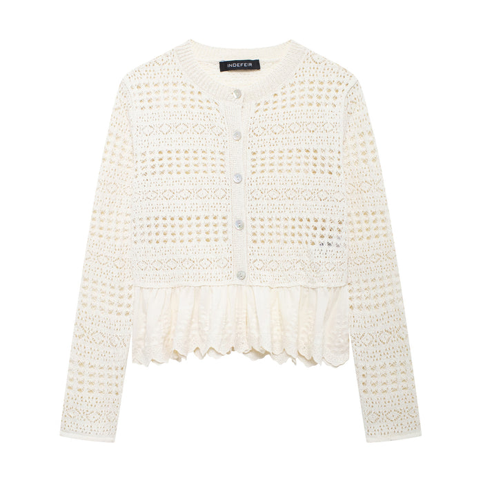 Autumn Women Mesh Jacquard Stitching Knitted Coat-Ivory-Fancey Boutique