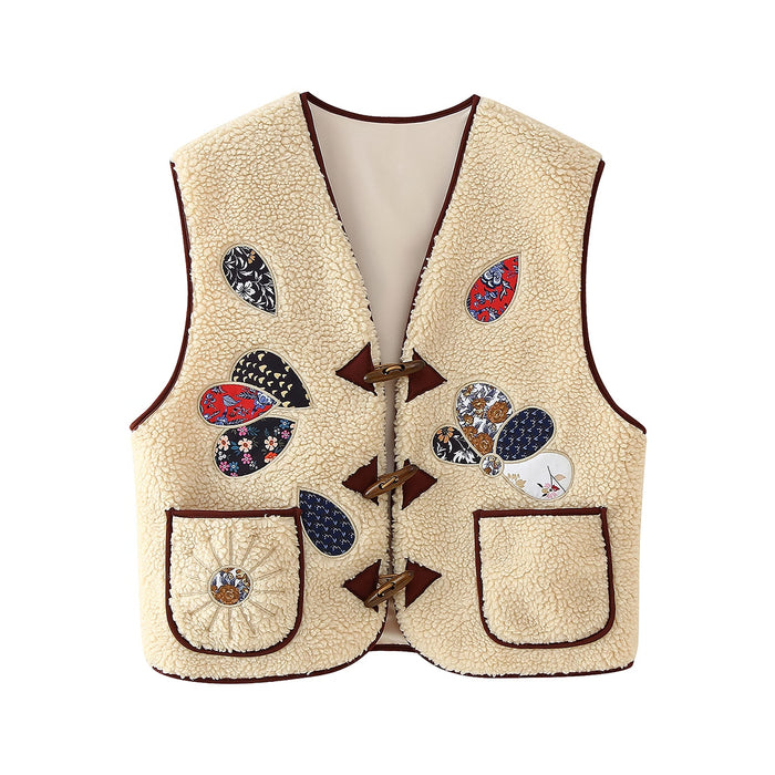 Autumn Women Clothing Affixed Cloth Embroidered Lamb Wool Vest Coat-Khaki-Fancey Boutique