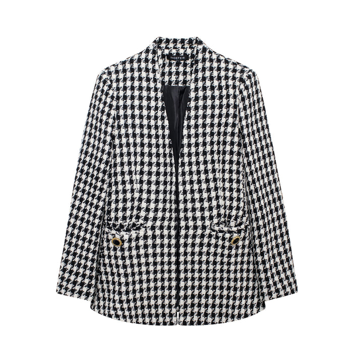 Fall Women Clothing Stylish Simple Houndstooth Woolen Coat-Multi-Fancey Boutique