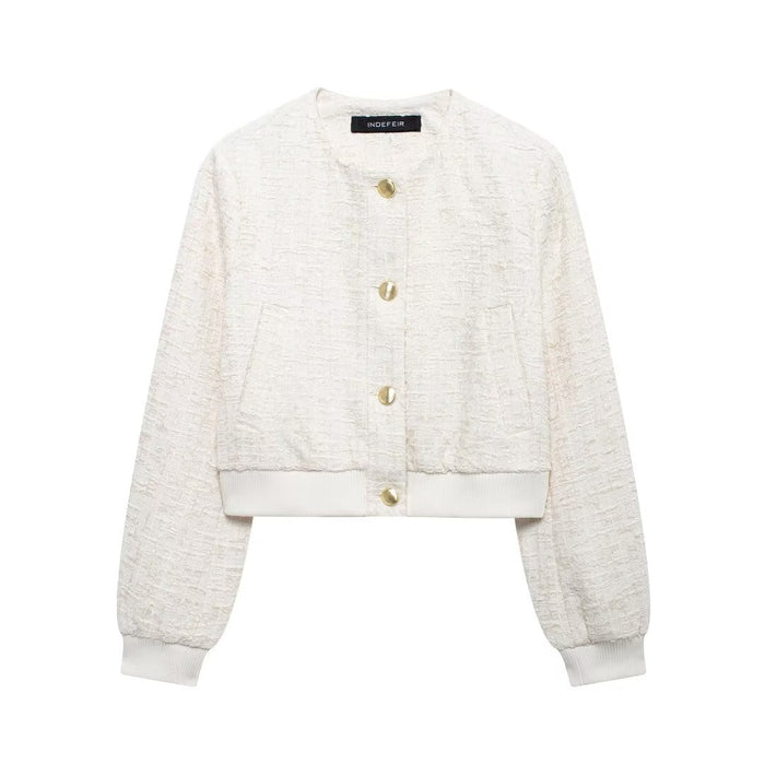 Autumn Texture Casual Bomber Jacket Jacket-Ivory-Fancey Boutique