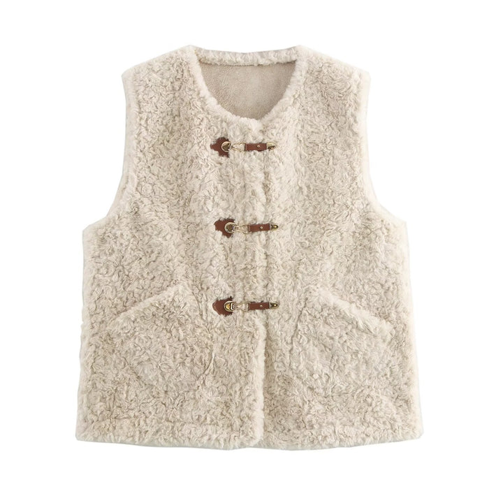 Fall Women Clothing Leather Ring Lamb Fur Faux Shearling Jacket Sleeveless Waistcoat Vest-Ivory-Fancey Boutique